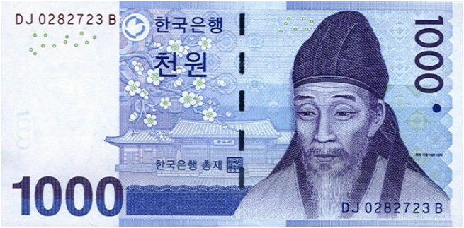 Купюра номиналом в 1000 южнокорейских вон, лицевая сторона