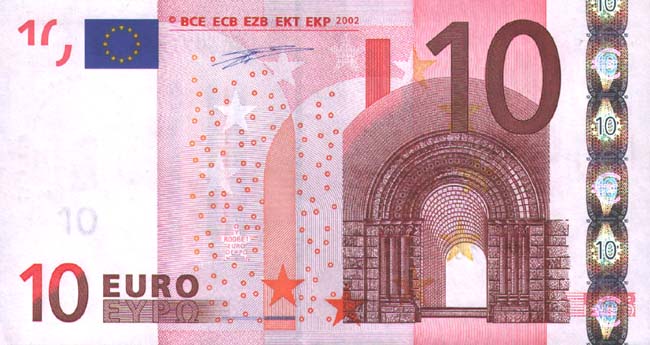 Купюра номиналом 10 евро, лицевая сторона