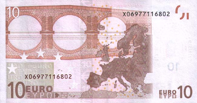 Купюра номиналом 10 евро, обратная сторона