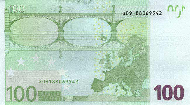 Купюра номиналом 100 евро, обратная сторона