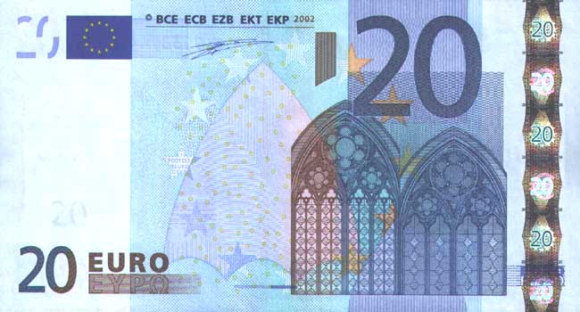 Купюра номиналом 20 евро, лицевая сторона