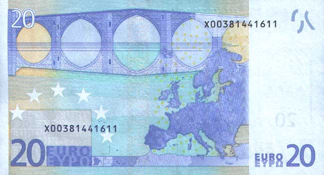 Купюра номиналом 20 евро, обратная сторона