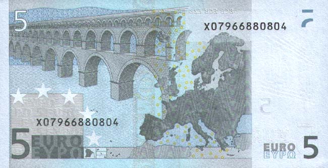 Купюра номиналом 5 евро, обратная сторона